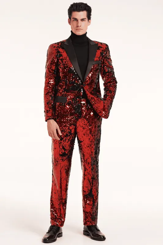 Men’s Red Sequin Tuxedo Suit with Black Lapel – Luxury Slim Fit Blazer and Pants Set Matching sold by Alberto Nardoni