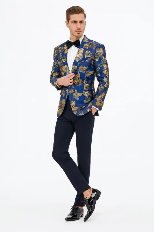 Mens Navy Blue and Gold Floral Tuxedo Jacket – Luxury Slim Fit Blazer with Gold Pattern Paisley Pattern Matching Bowtie sold by Alberto Nardoni