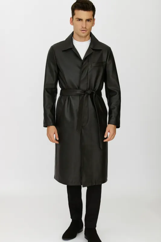 Men’s Black PU Belted Trench Coat – Long Leather Look Overcoat Full length sold by Alberto Nardoni