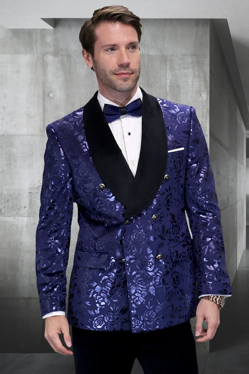Mens Navy Floral Jacquard Tuxedo Jacket - Double Breasted Blazer with Black Shawl Lapel sold by Alberto Nardoni