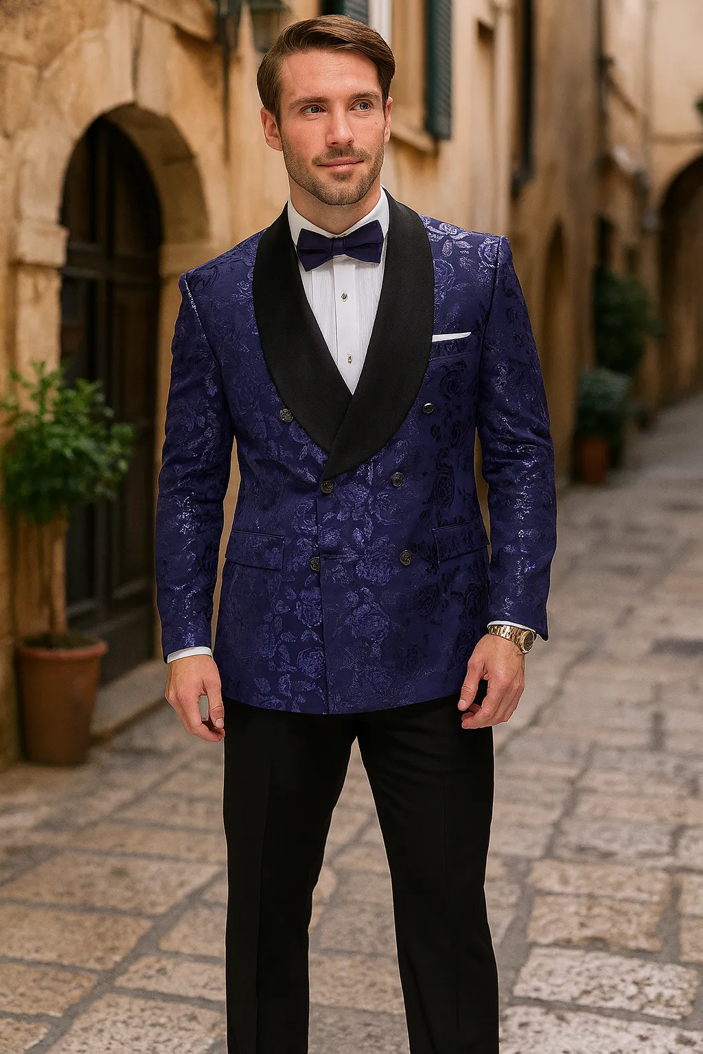 Mens Navy Floral Jacquard Tuxedo Jacket - Double Breasted Blazer with Black Shawl Lapel sold by Alberto Nardoni product image thumbnail 5