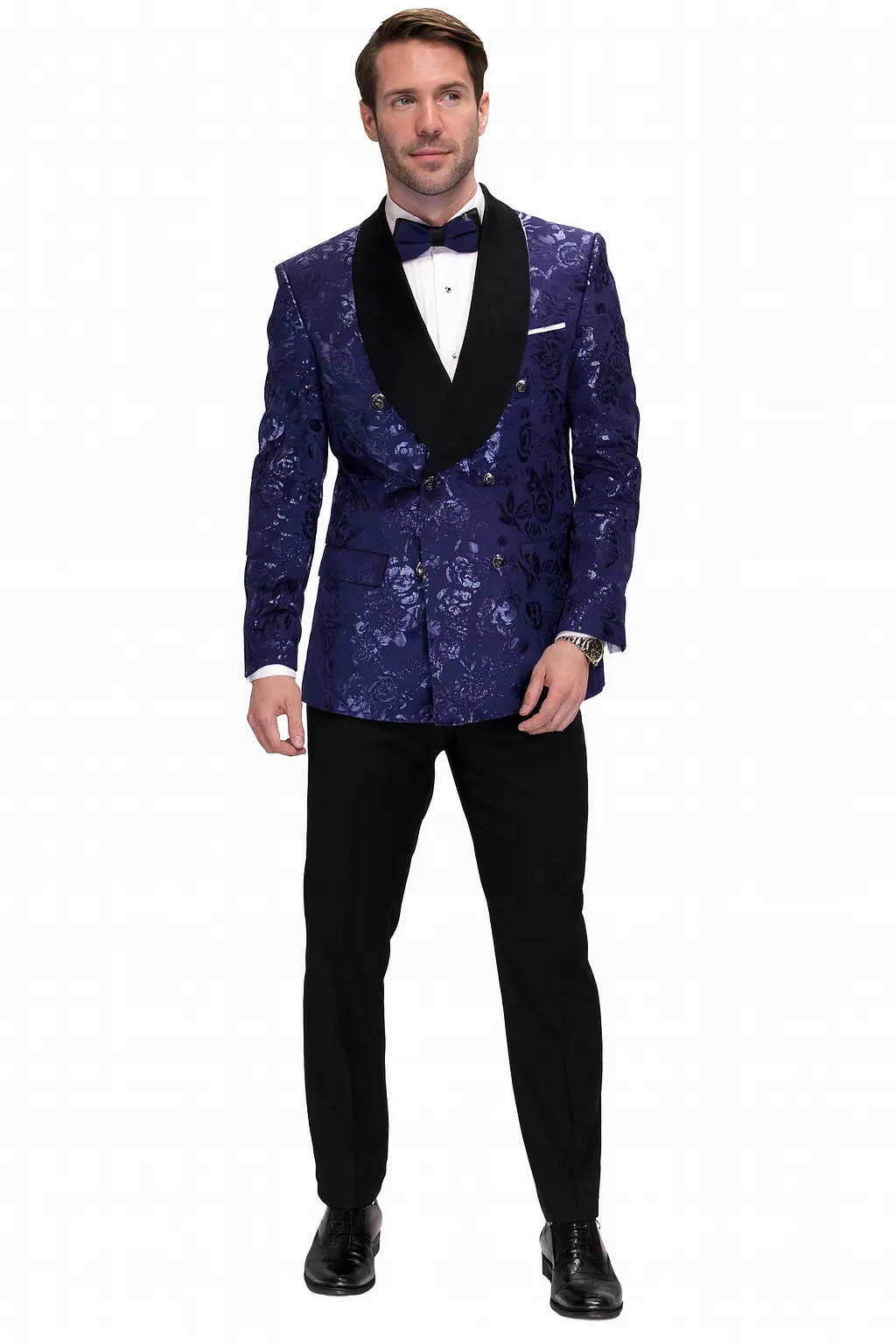 Mens Navy Floral Jacquard Tuxedo Jacket - Double Breasted Blazer with Black Shawl Lapel sold by Alberto Nardoni product image thumbnail 2