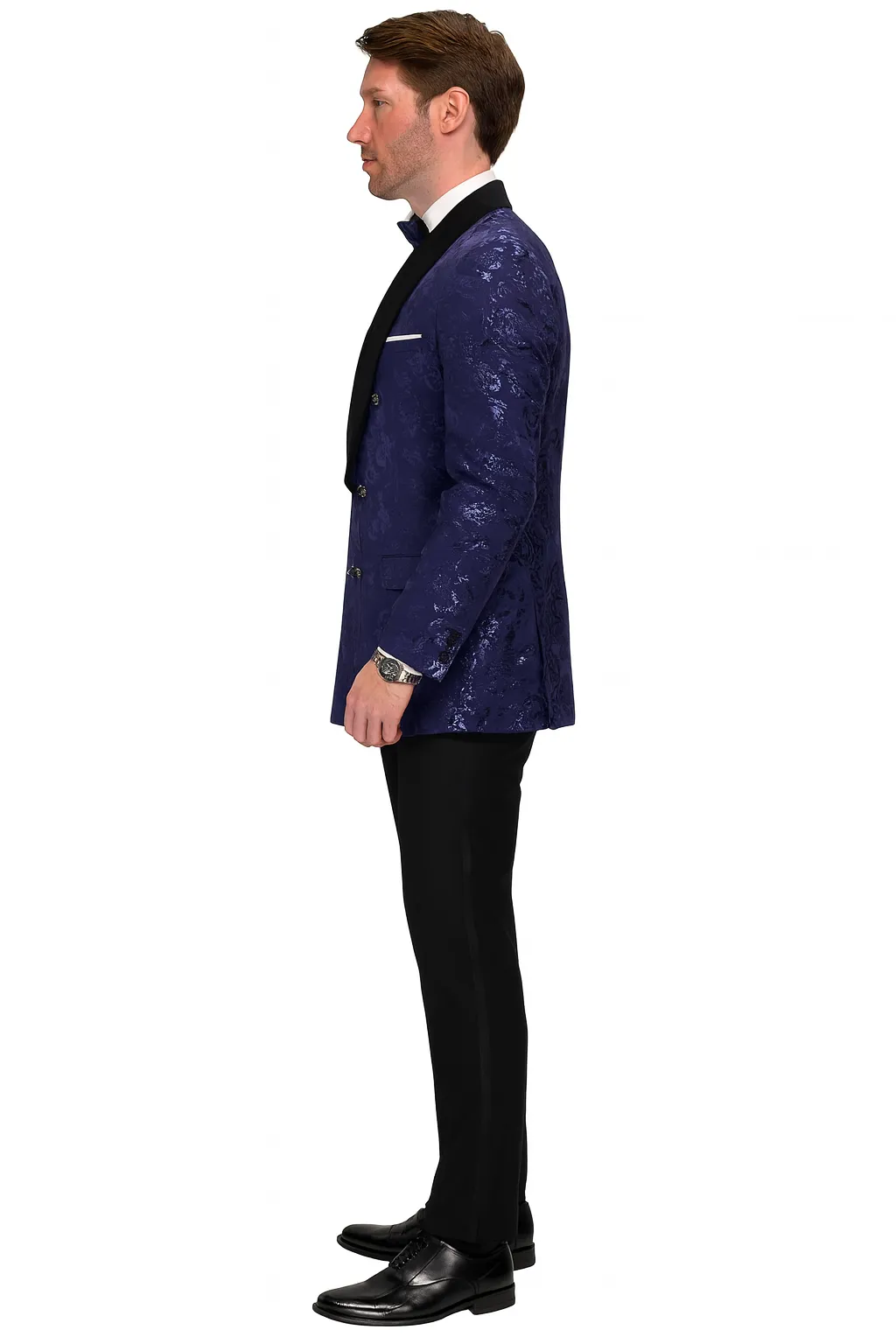 Mens Navy Floral Jacquard Tuxedo Jacket - Double Breasted Blazer with Black Shawl Lapel sold by Alberto Nardoni product image thumbnail 4