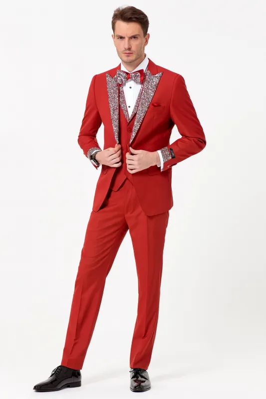 Men’s Red And White Lapel Three-Piece Tuxedo with Sequin Lapel and Matching Bow Tie - Chirstmas Suit sold by Alberto Nardoni