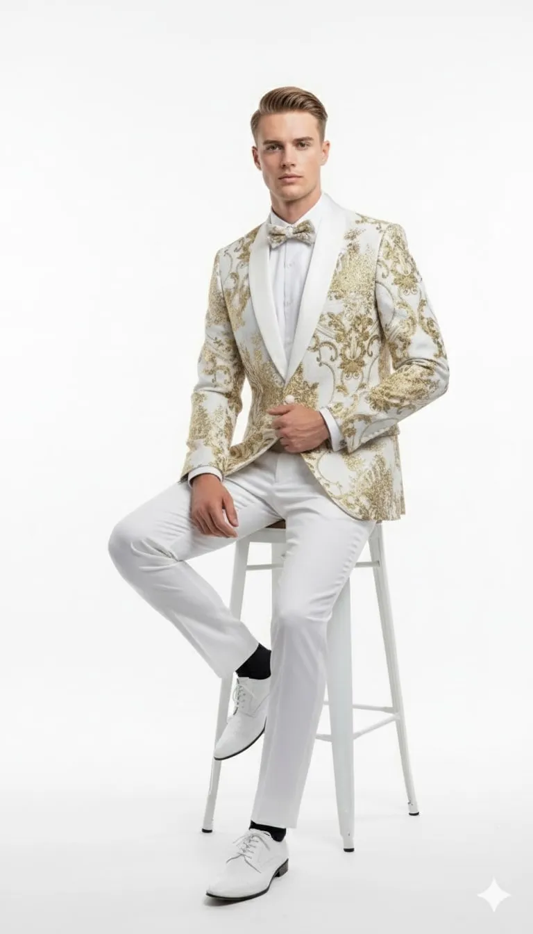 Mens White and Gold Floral Tuxedo Jacket with Satin Lapel – Luxury Prom, Wedding and Formal Dinner Blazer sold by Alberto Nardoni product image thumbnail 4