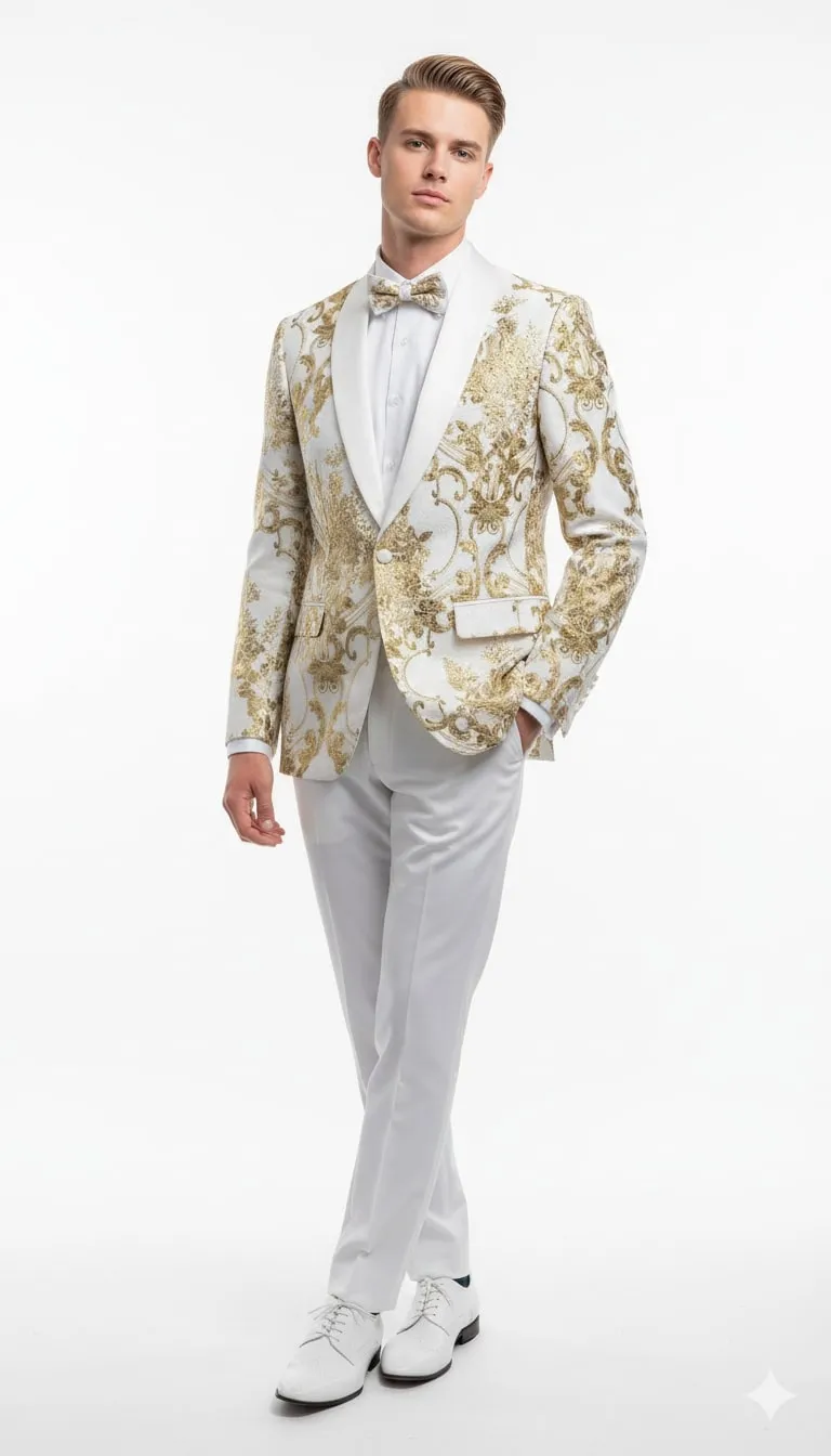 Mens White and Gold Floral Tuxedo Jacket with Satin Lapel – Luxury Prom, Wedding and Formal Dinner Blazer sold by Alberto Nardoni