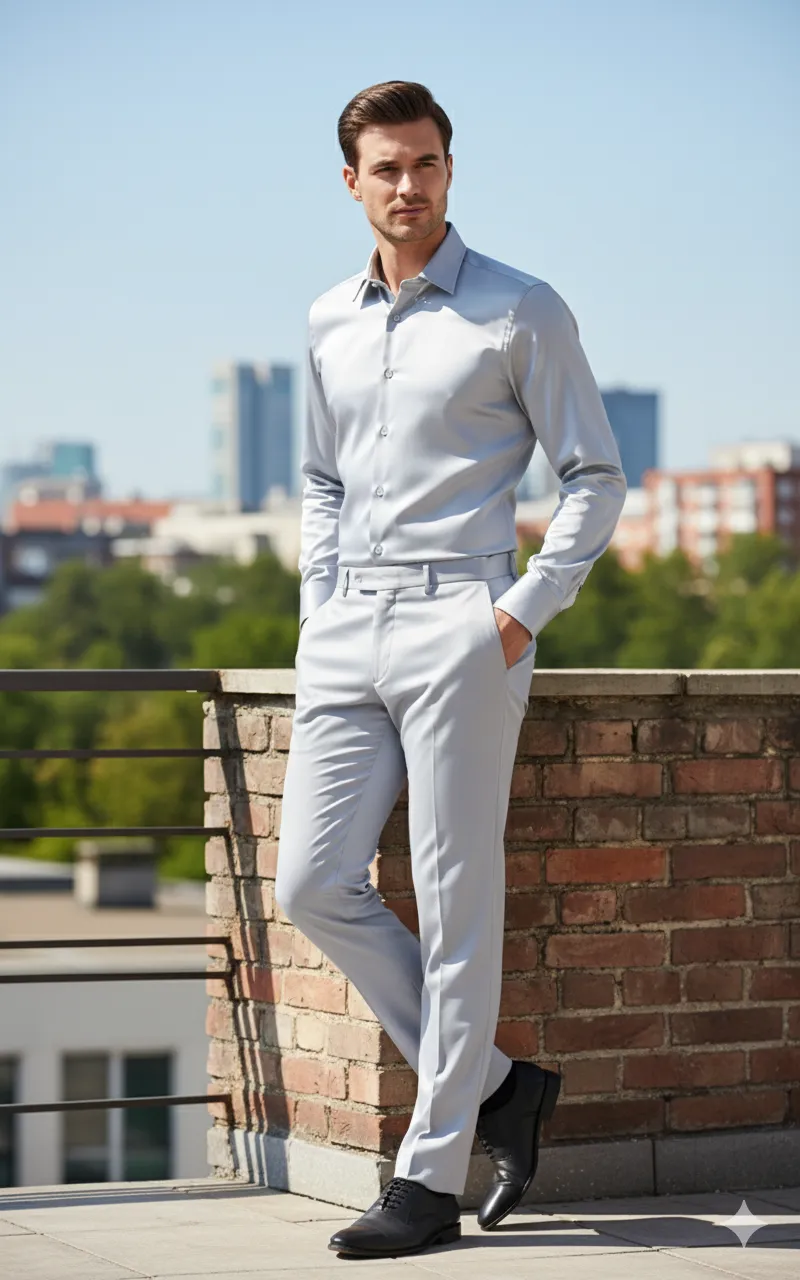 Mens Silver Satin Dress Shirt and Pants Set - Luxury Slim Fit Outfit for Parties, Weddings, and Formal Events sold by Alberto Nardoni product image thumbnail 4