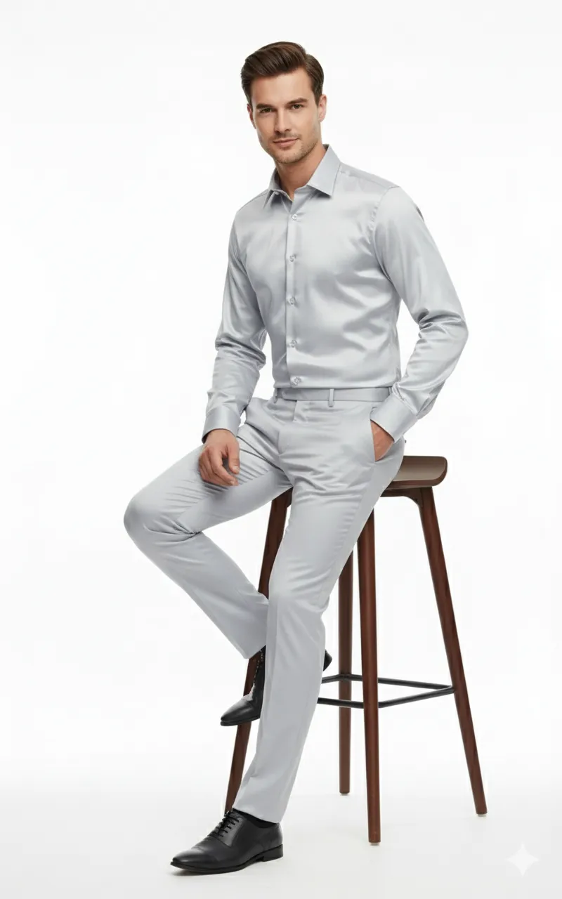 Mens Silver Satin Dress Shirt and Pants Set - Luxury Slim Fit Outfit for Parties, Weddings, and Formal Events sold by Alberto Nardoni product image thumbnail 5