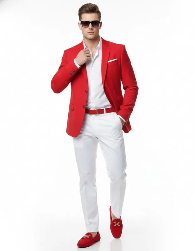 Mens Red Blazer and White Pants Set - Stylish Casual Dress Outfit For New Year Holiday and Christmas Suit made by Alberto Nardoni