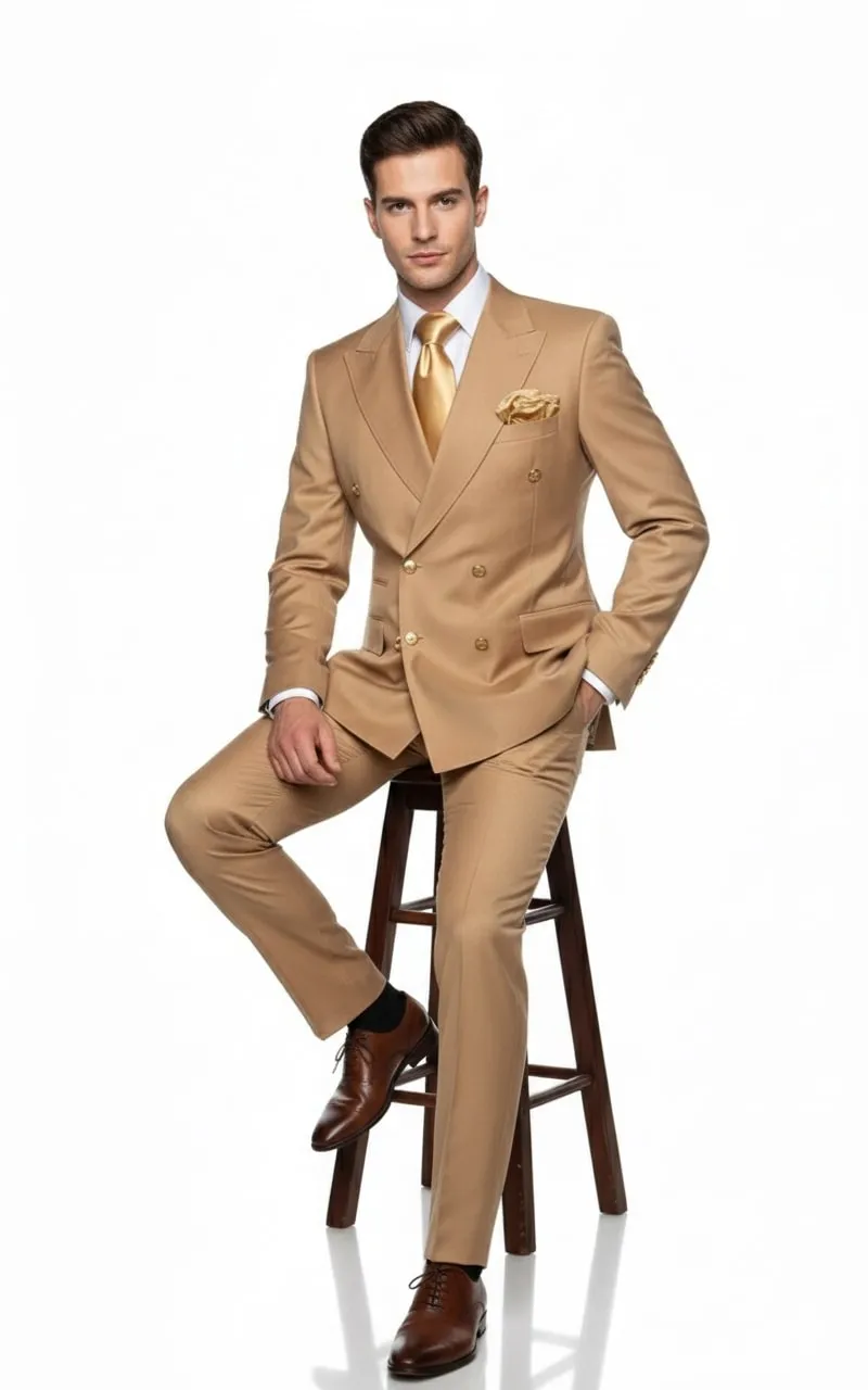 Mens Camel - Bronze - Goldish khaki Double-Breasted Suit - Luxury 2-Piece Formal Set with Gold Buttons and Peak Lapels by Rossi Man sold by Alberto Nardoni product image thumbnail 4