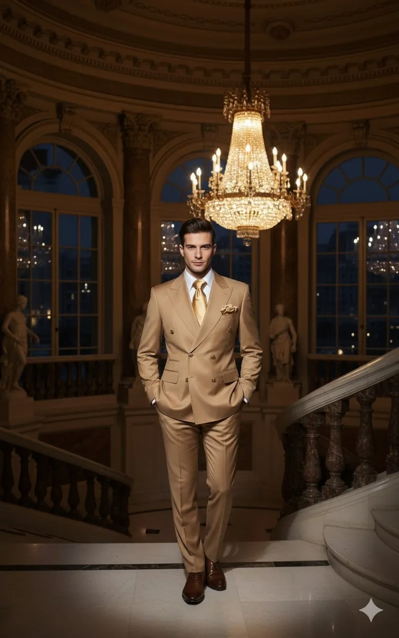 Mens Camel - Bronze - Goldish khaki Double-Breasted Suit - Luxury 2-Piece Formal Set with Gold Buttons and Peak Lapels by Rossi Man sold by Alberto Nardoni product image thumbnail 5