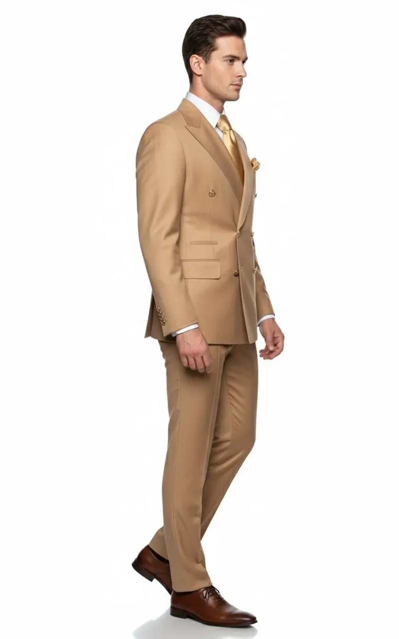 Mens Camel - Bronze - Goldish khaki Double-Breasted Suit - Luxury 2-Piece Formal Set with Gold Buttons and Peak Lapels by Rossi Man sold by Alberto Nardoni product image thumbnail 3