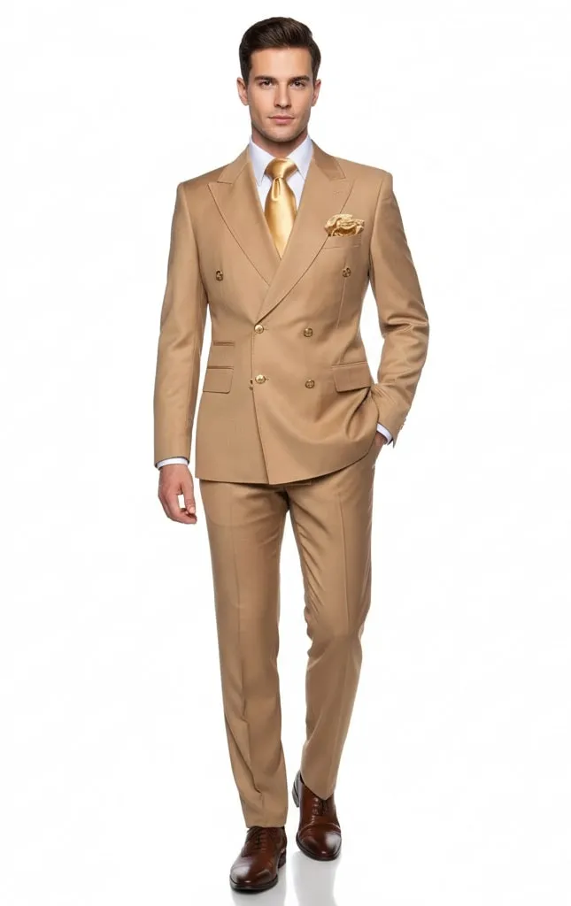 Mens Camel - Bronze - Goldish khaki Double-Breasted Suit - Luxury 2-Piece Formal Set with Gold Buttons and Peak Lapels by Rossi Man sold by Alberto Nardoni