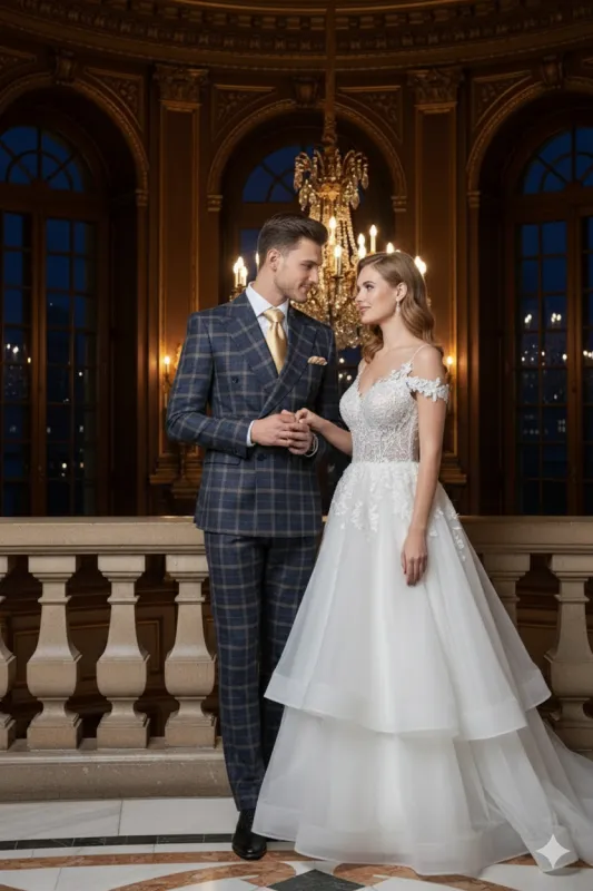 Men’s Navy and Tan Windowpane Double-Breasted Suit | Classic 2-Piece Plaid Dress Suit, Business, and Formal Events By Rossiman sold by Alberto Nardoni