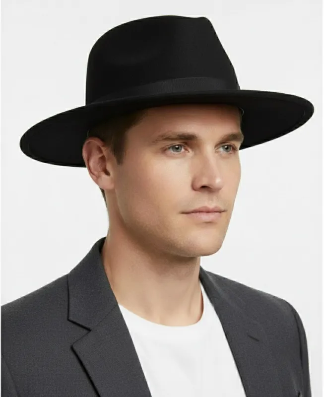 Men’s Black Wide Brim Fedora Hat – Classic Wool Felt Dress Hat with Matching Black Band sold by Alberto Nardoni