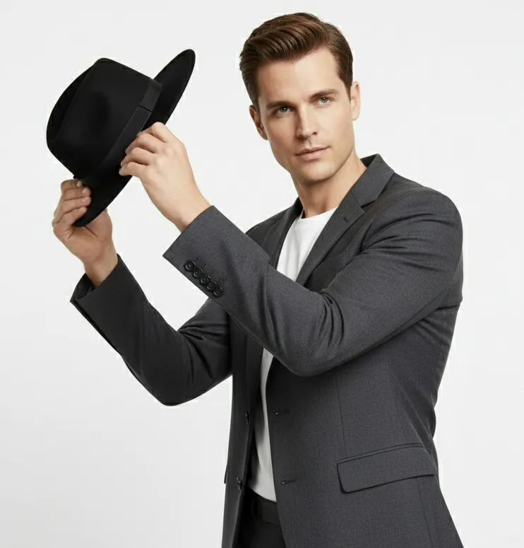 Mens Black Wide Brim Fedora Hat - Classic Wool Felt Dress Hat with Matching Black Band sold by Alberto Nardoni product image thumbnail 5