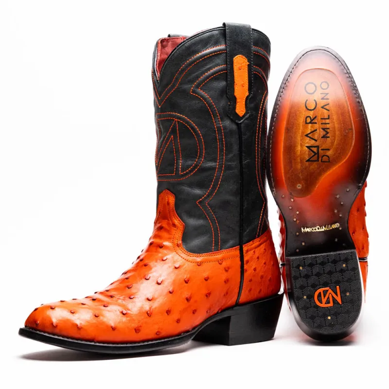 Marco Di Milano Savannah Orange Ostrich Quill Round Toe Cowboy Boots made by Alberto Nardoni