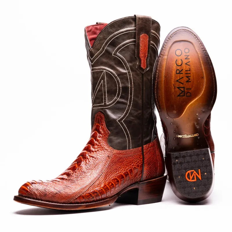 Marco Di Milano Denver Rustic Cognac Ostrich Leg Round Toe Cowboy Boots made by Alberto Nardoni