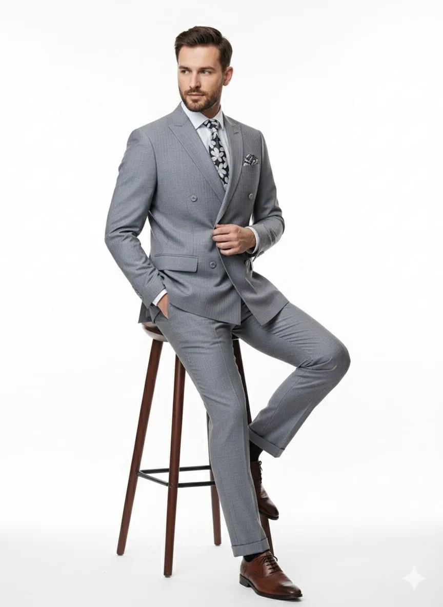 Mens Grey Tone on Tone Double-Breasted Suit – Classic Slim Fit 2 Piece Formal Business Gray Shadow Stripe sold by Alberto Nardoni product image thumbnail 4