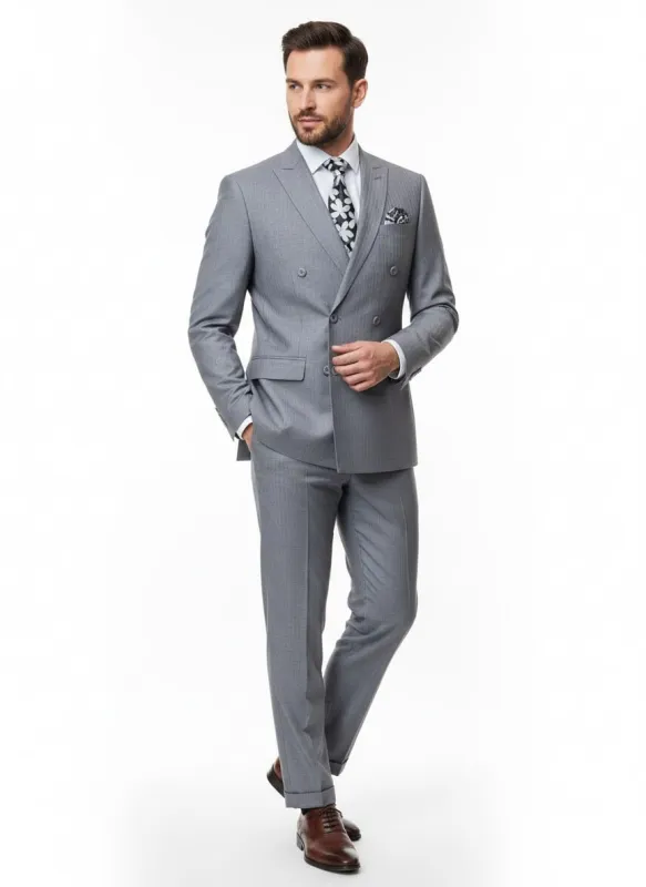 Mens Grey Tone on Tone Double-Breasted Suit – Classic Slim Fit 2 Piece Formal Business Gray Shadow Stripe sold by Alberto Nardoni