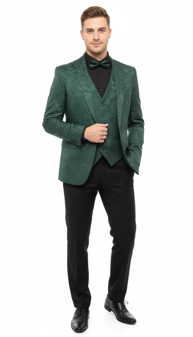 Mens Emerald Green Paisley Tuxedo 3-Piece Suit - Slim Fit Formal Blazer, Vest, and Pants for Weddings, Proms sold by Alberto Nardoni