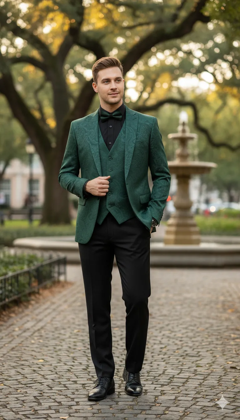 Mens Emerald Green Paisley Tuxedo 3-Piece Suit - Slim Fit Formal Blazer, Vest, and Pants for Weddings, Proms sold by Alberto Nardoni product image thumbnail 5