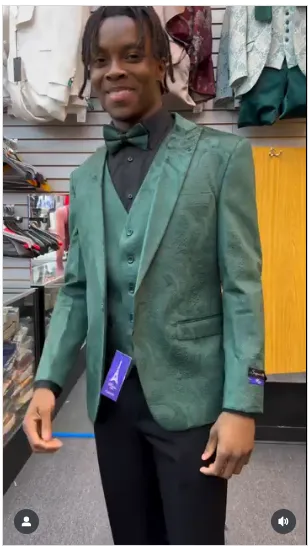 Mens Emerald Green Paisley Tuxedo 3-Piece Suit - Slim Fit Formal Blazer, Vest, and Pants for Weddings, Proms sold by Alberto Nardoni product image thumbnail 2