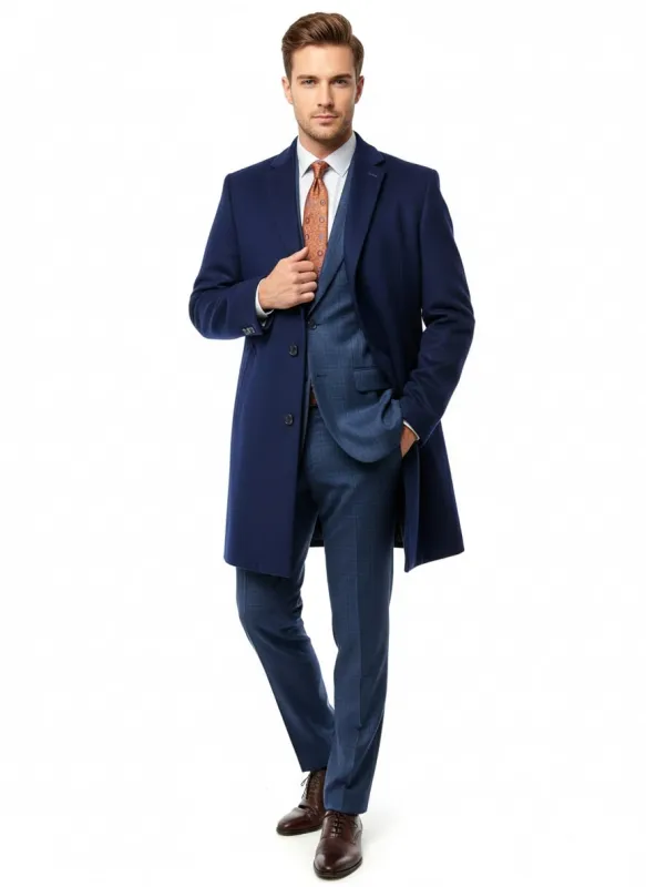Mens Cobalt Blue Wool and Cashmere Car Coat Overcoat – Classic Winter Topcoat for Indigo Sapphire Color (light Navy Dark Royal) sold by Alberto Nardoni