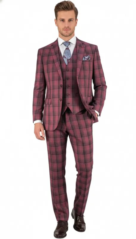 Mens Red Burgundy Plaid 3-Piece Suit - Classic Checkered Modern Fit Suit for Weddings, Church and Formal Events sold by Alberto Nardoni