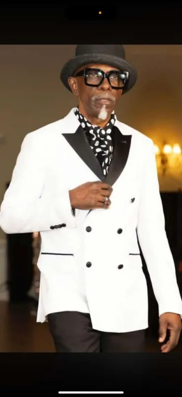 Men’s White and Black Double-Breasted Tuxedo – Modern Slim Fit Formal Suit for Weddings, Parties, and Special Occasions sold by Alberto Nardoni