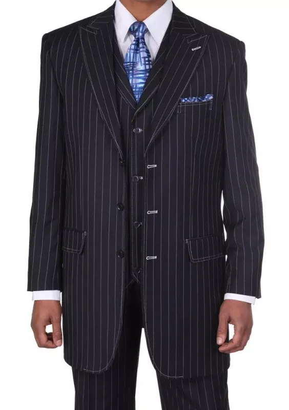 Men’s Three Button Suits -  Navy Blue Pinstripe Three-Piece Suit – Classic Business and Formal Wear with Tailored Fit sold by Alberto Nardoni
