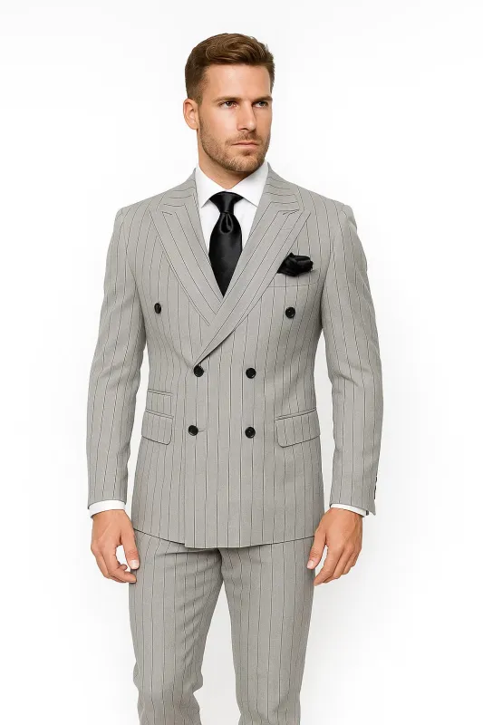 Gray and Black Pinstripe Double Breasted - Modern Fit 1920s Vintage Looking Suit sold by Alberto Nardoni