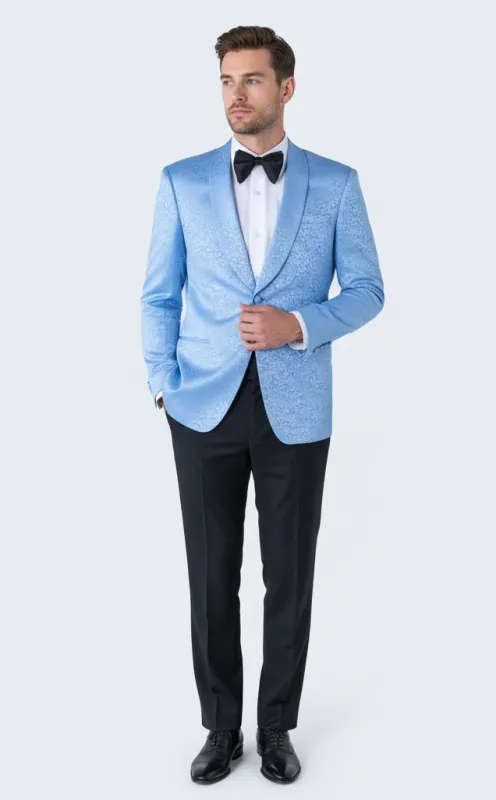 Men’s Light Blue Paisley Tuxedo Jacket – Elegant Satin Shawl Lapel Dinner Blazer for Weddings, Proms in Sky Powder Blue Color Bowtie sold by Alberto Nardoni