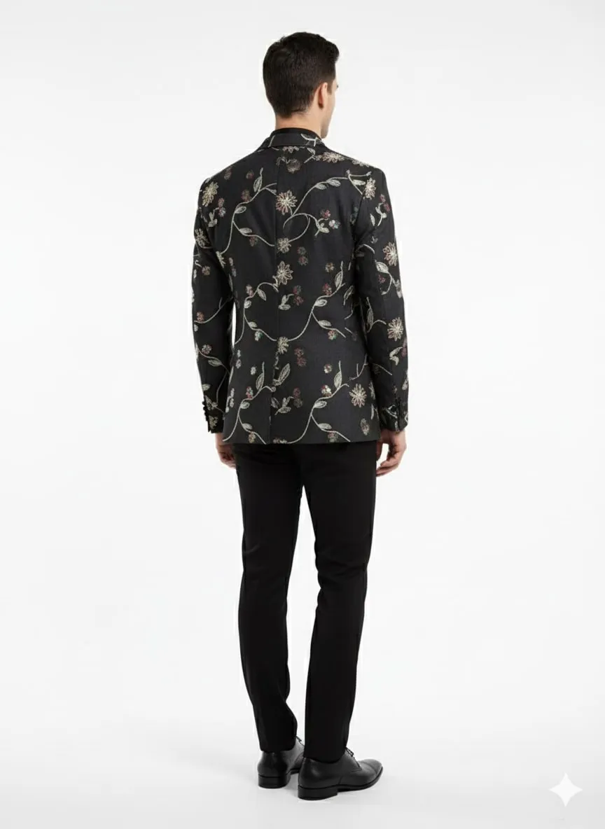 Luxury Black Floral Embroidered Blazer for Men - Designer Party and Wedding Wear Jacket sold by Alberto Nardoni product image thumbnail 3