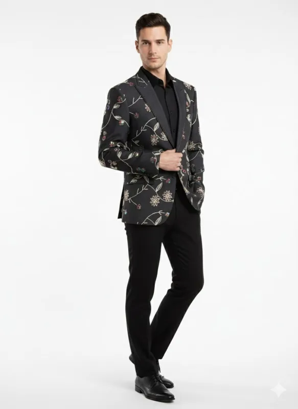 Luxury Black Floral Embroidered Blazer for Men - Designer Party and Wedding Wear Jacket sold by Alberto Nardoni