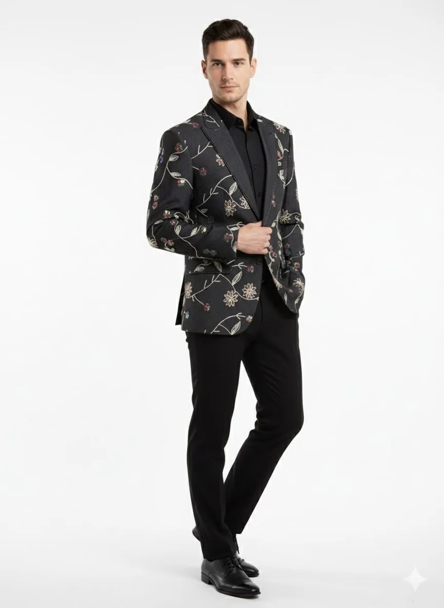 Luxury Black Floral Embroidered Blazer for Men - Designer Party and Wedding Wear Jacket sold by Alberto Nardoni