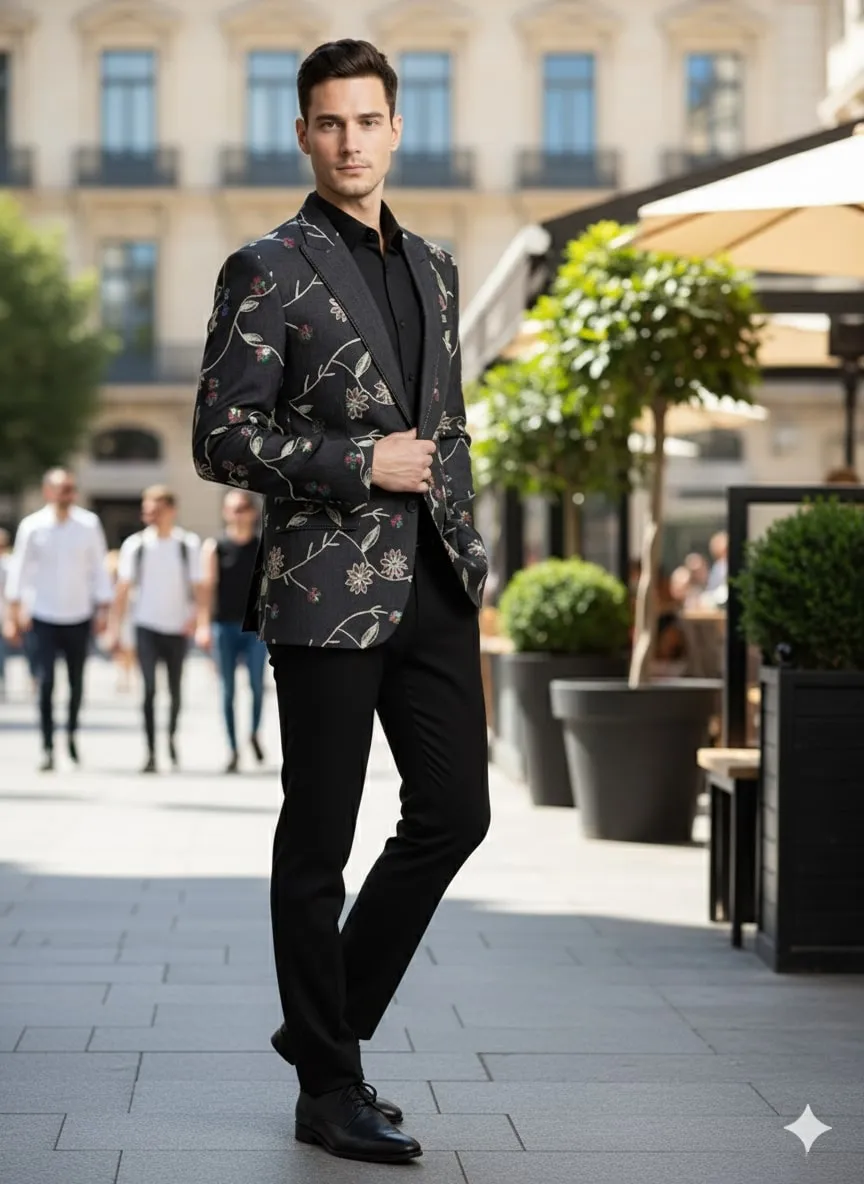 Luxury Black Floral Embroidered Blazer for Men - Designer Party and Wedding Wear Jacket sold by Alberto Nardoni product image thumbnail 5