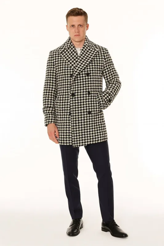 Mens Houndstooth Double-Breasted Overcoats – Classic Black and White Wool Blend Peacoat Wool Fabric sold by Alberto Nardoni