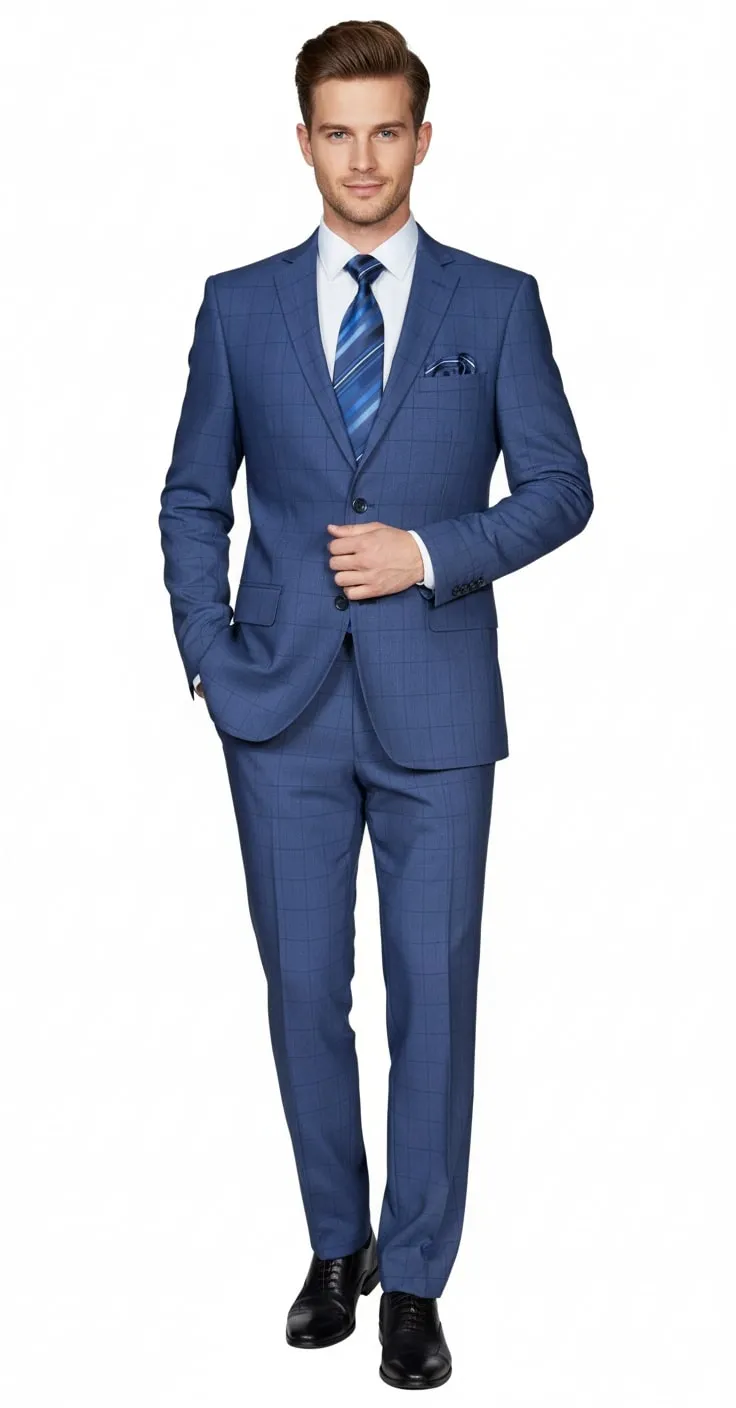 Mens Indigo Navy Blue Windowpane Check Suit – Classic 2-Piece Formal Business and Wedding Wear Set in Cobalt Blue sold by Alberto Nardoni