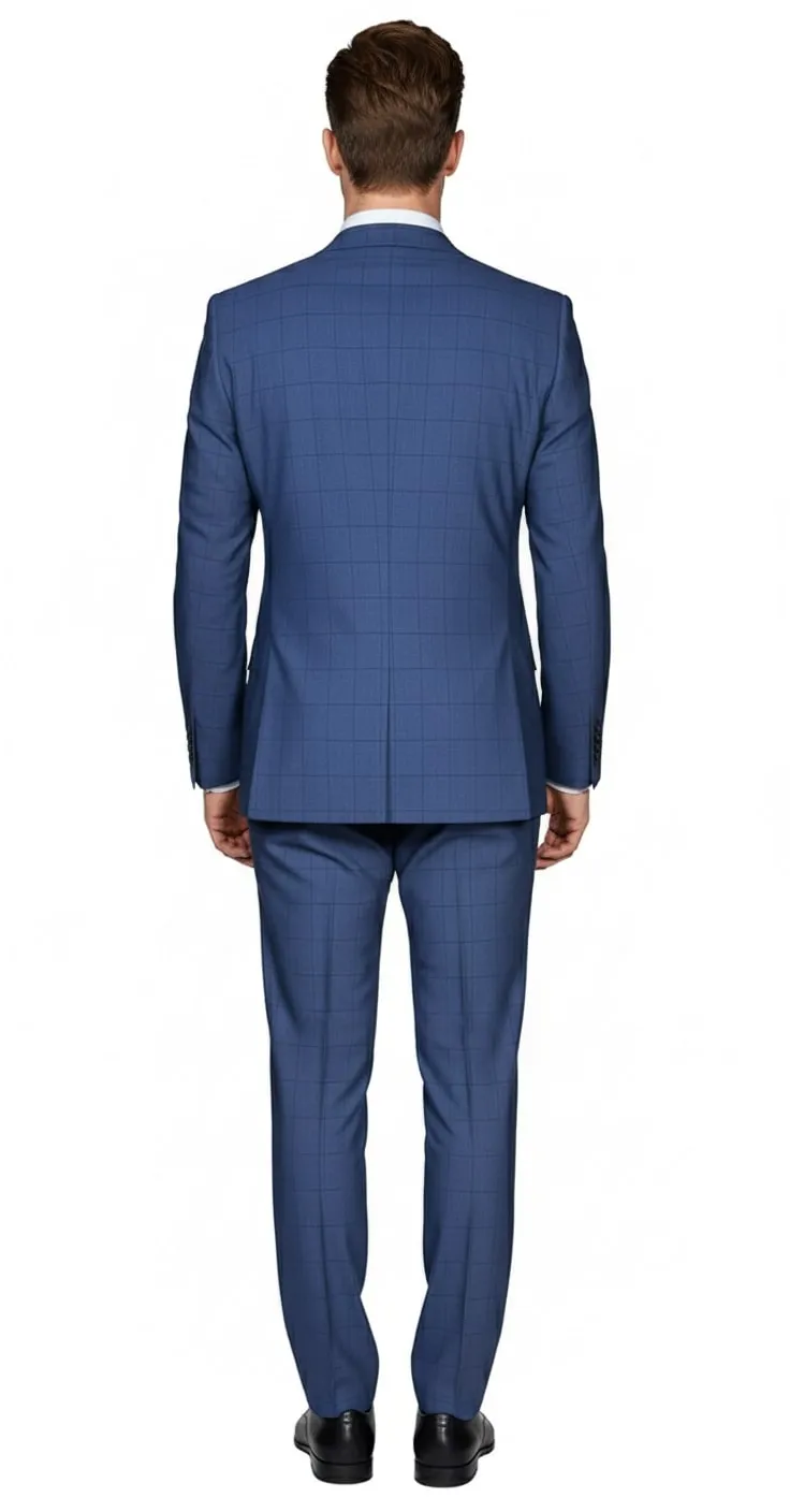 Mens Indigo Navy Blue Windowpane Check Suit – Classic 2-Piece Formal Business and Wedding Wear Set in Cobalt Blue sold by Alberto Nardoni product image thumbnail 2
