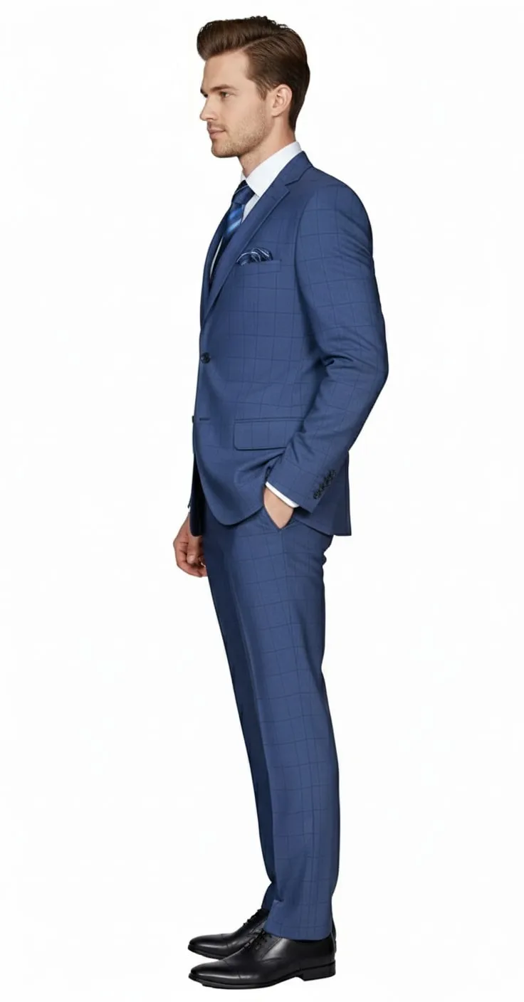Mens Indigo Navy Blue Windowpane Check Suit – Classic 2-Piece Formal Business and Wedding Wear Set in Cobalt Blue sold by Alberto Nardoni product image thumbnail 3