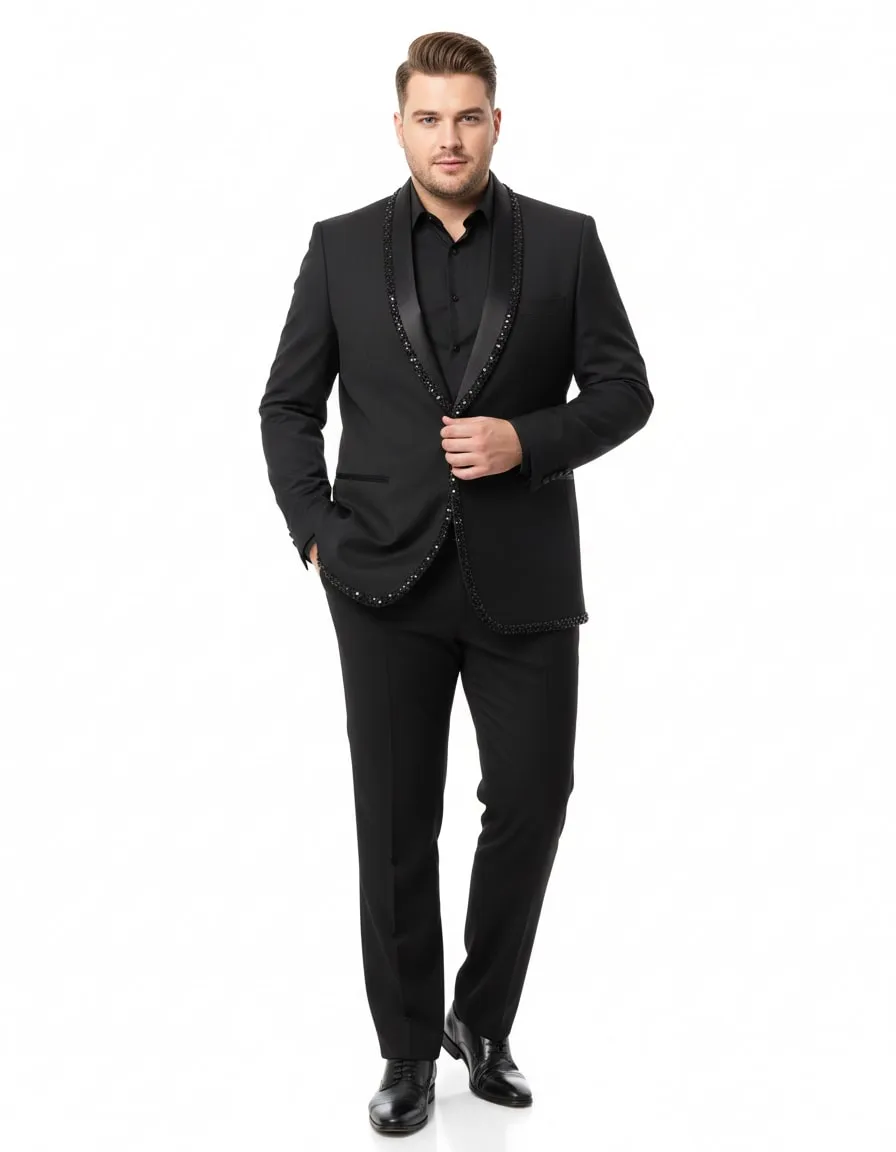 Mens Classic Black Designer Tuxedo Suit with Beaded Lapel – Elegant Formal and Party Wear Jacket and Pants sold by Alberto Nardoni product image thumbnail 5