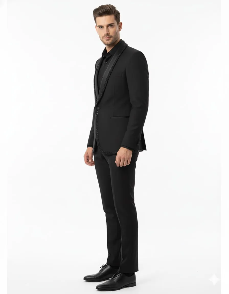 Mens Classic Black Designer Blazer with Beaded Lapel - Elegant Formal and Party Wear Dinner Jacket For Groom sold by Alberto Nardoni product image thumbnail 2