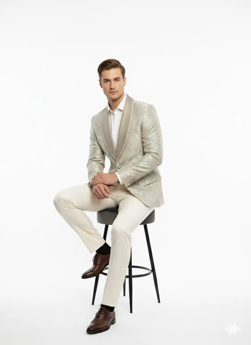 Mens Champaign Silver and Cream Embroidered Luxury Blazer - Floral Pattern Wedding & Party Dinner Jacket in Light Tan Color sold by Alberto Nardoni product image thumbnail 4