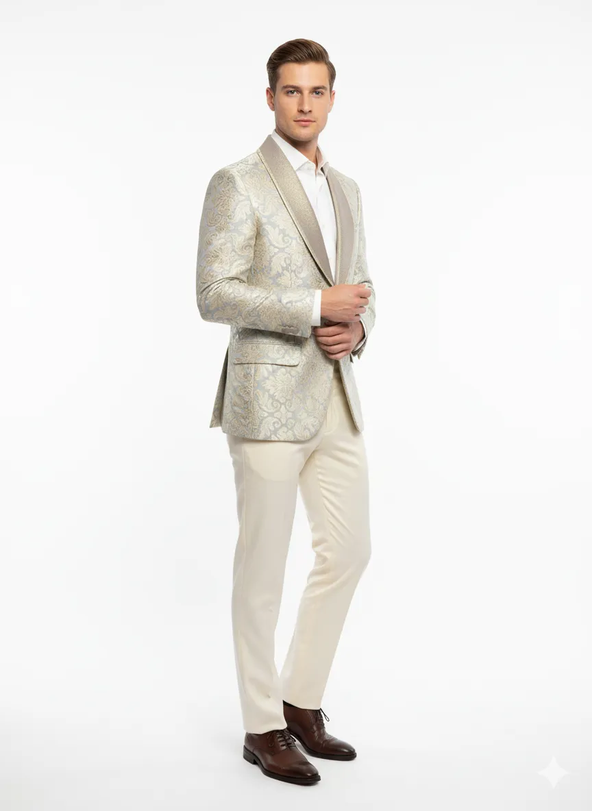 Mens Champaign Silver and Cream Embroidered Luxury Blazer - Floral Pattern Wedding & Party Dinner Jacket in Light Tan Color sold by Alberto Nardoni product image thumbnail 2