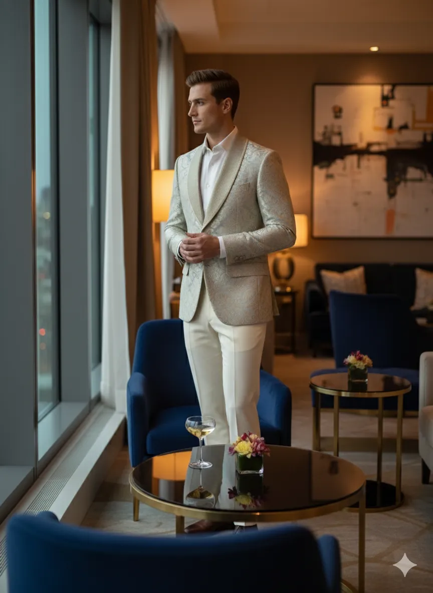 Mens Champaign Silver and Cream Embroidered Luxury Blazer - Floral Pattern Wedding & Party Dinner Jacket in Light Tan Color sold by Alberto Nardoni product image thumbnail 5