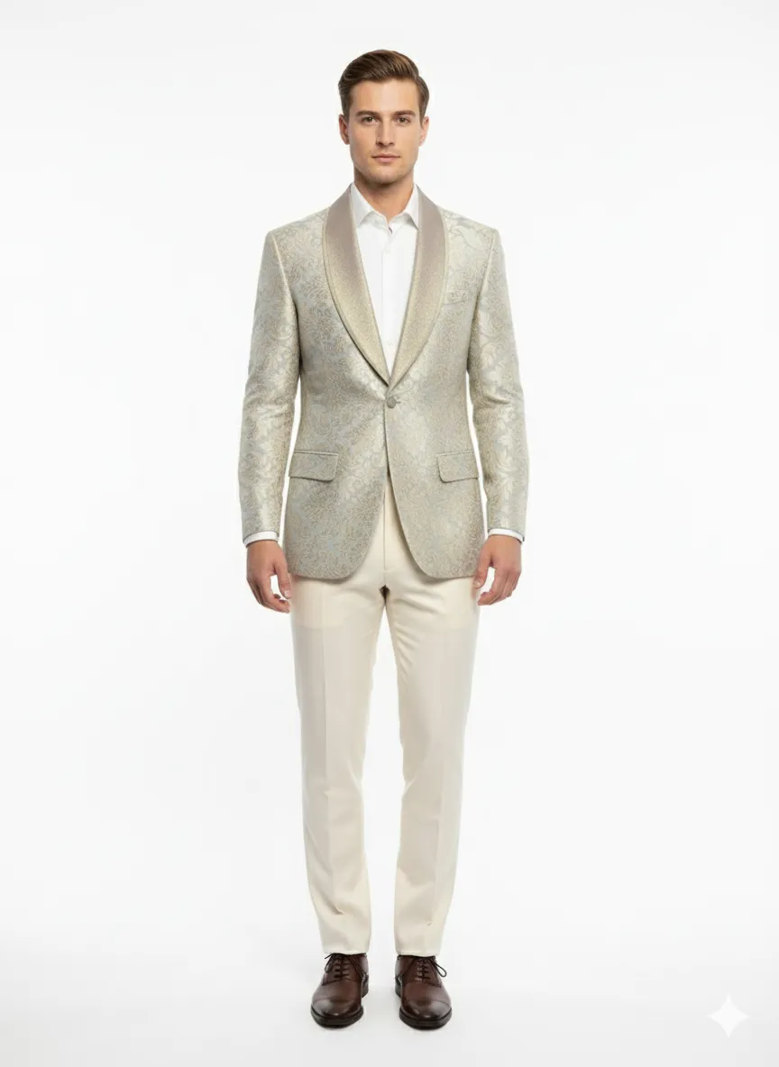 Mens Champaign Silver and Cream Embroidered Luxury Blazer - Floral Pattern Wedding & Party Dinner Jacket in Light Tan Color sold by Alberto Nardoni
