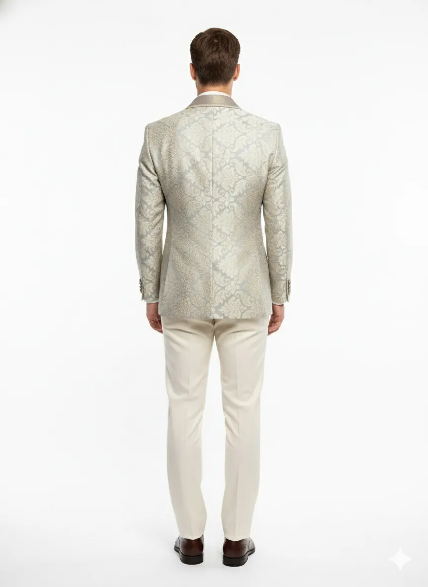 Mens Champaign Silver and Cream Embroidered Luxury Blazer - Floral Pattern Wedding & Party Dinner Jacket in Light Tan Color sold by Alberto Nardoni product image thumbnail 3