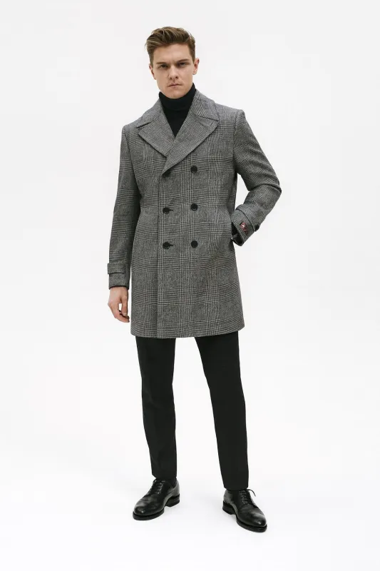 Mens Grey Plaid Double-Breasted Overcoat with Black Faux Fur Collar – Classic Winter Peacoat sold by Alberto Nardoni