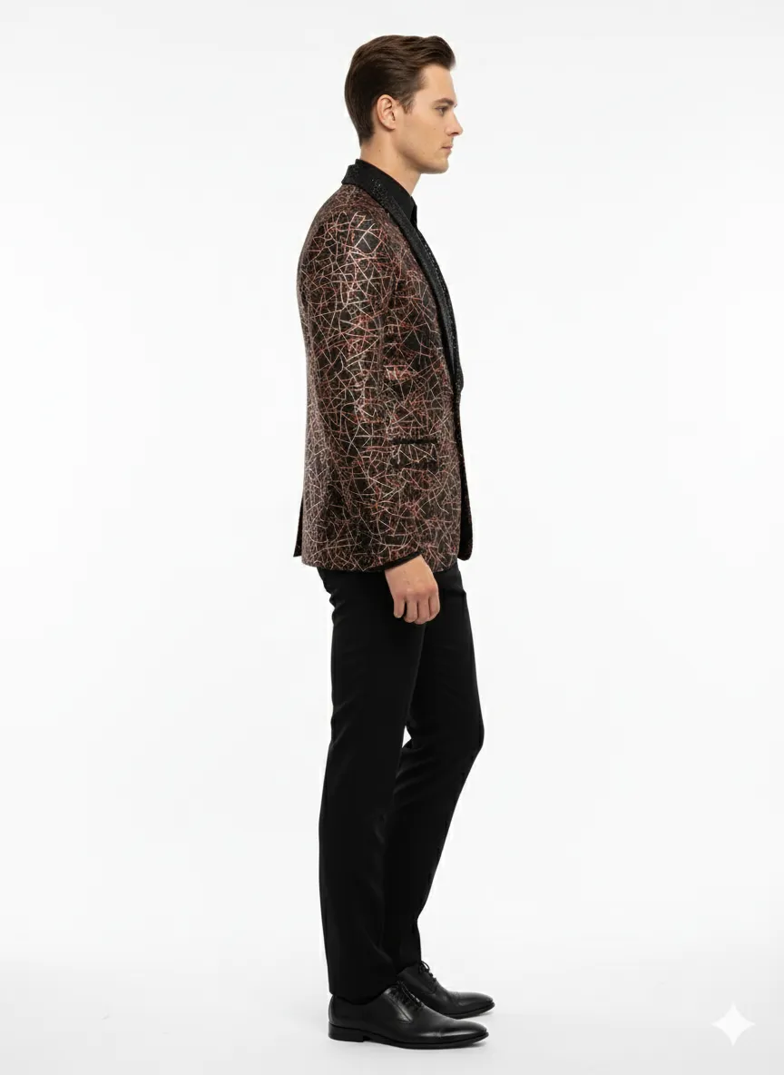 Mens Black Shiny Designer Blazer with Red and Gold Pattern - Luxury Party & Wedding Jacket sold by Alberto Nardoni product image thumbnail 5